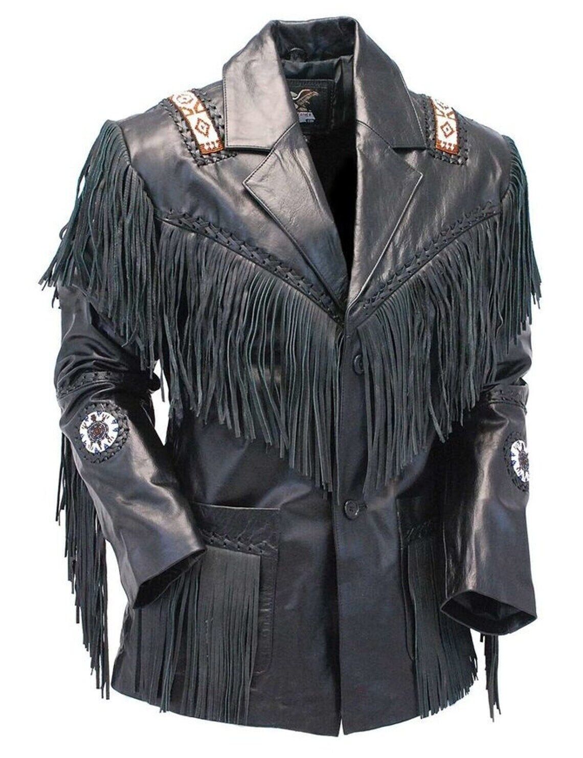 Native American Fringe Leather Jacket in Black | Handcrafted  | New