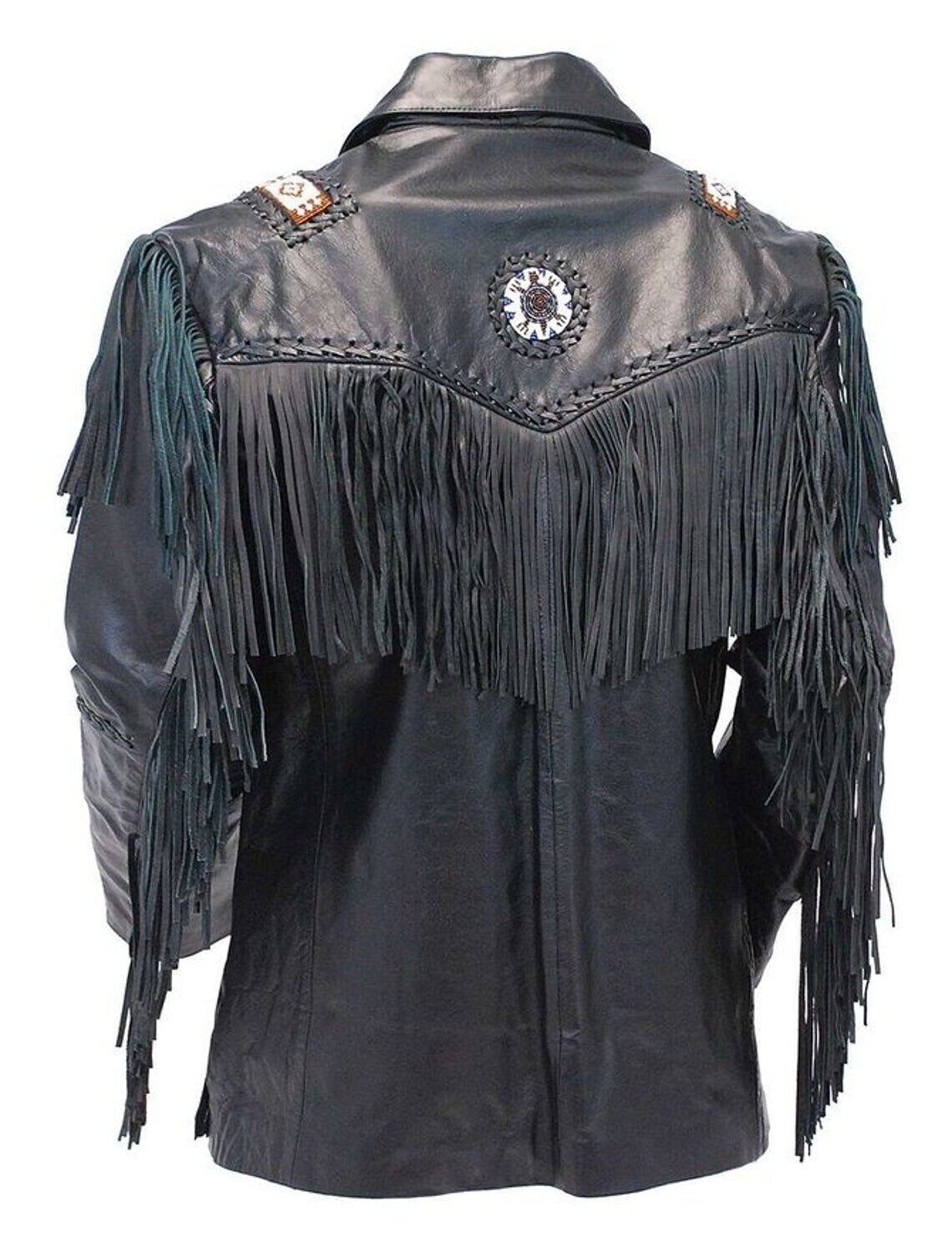 Native American Fringe Leather Jacket in Black | Handcrafted  | New