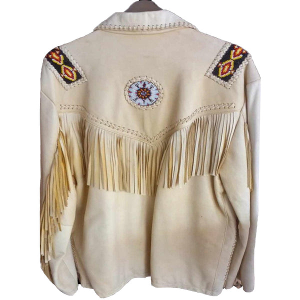 Native American Fringe White Leather Jacket | Handmade 2025 | New
